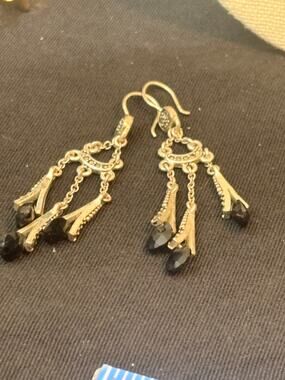 Vintage Monet Black Glass Fringe Drop Earrings
